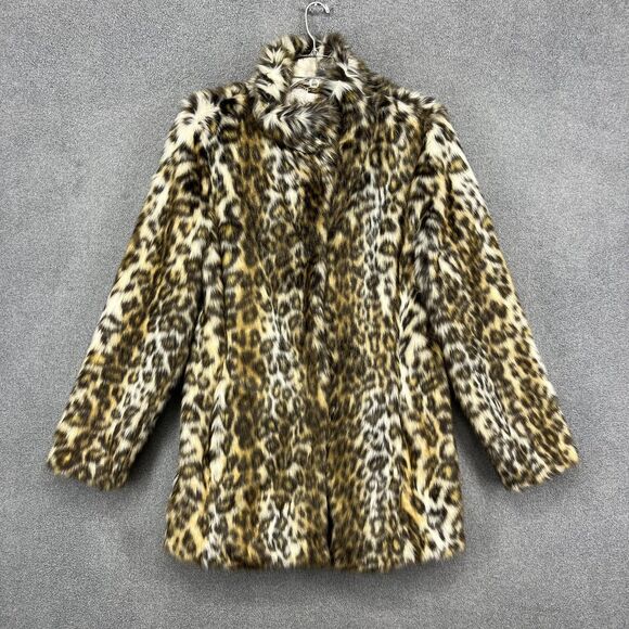 Eliza J Coat Womens Large Brown Faux Fur Animal Print Snap Mid Length Jacket - Picture 1 of 16